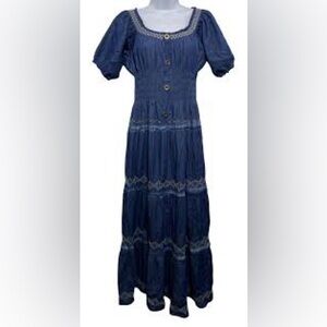 Indigo & Lace blue chambray peasant smocked embroidered tiered maxi dress Sz 1X